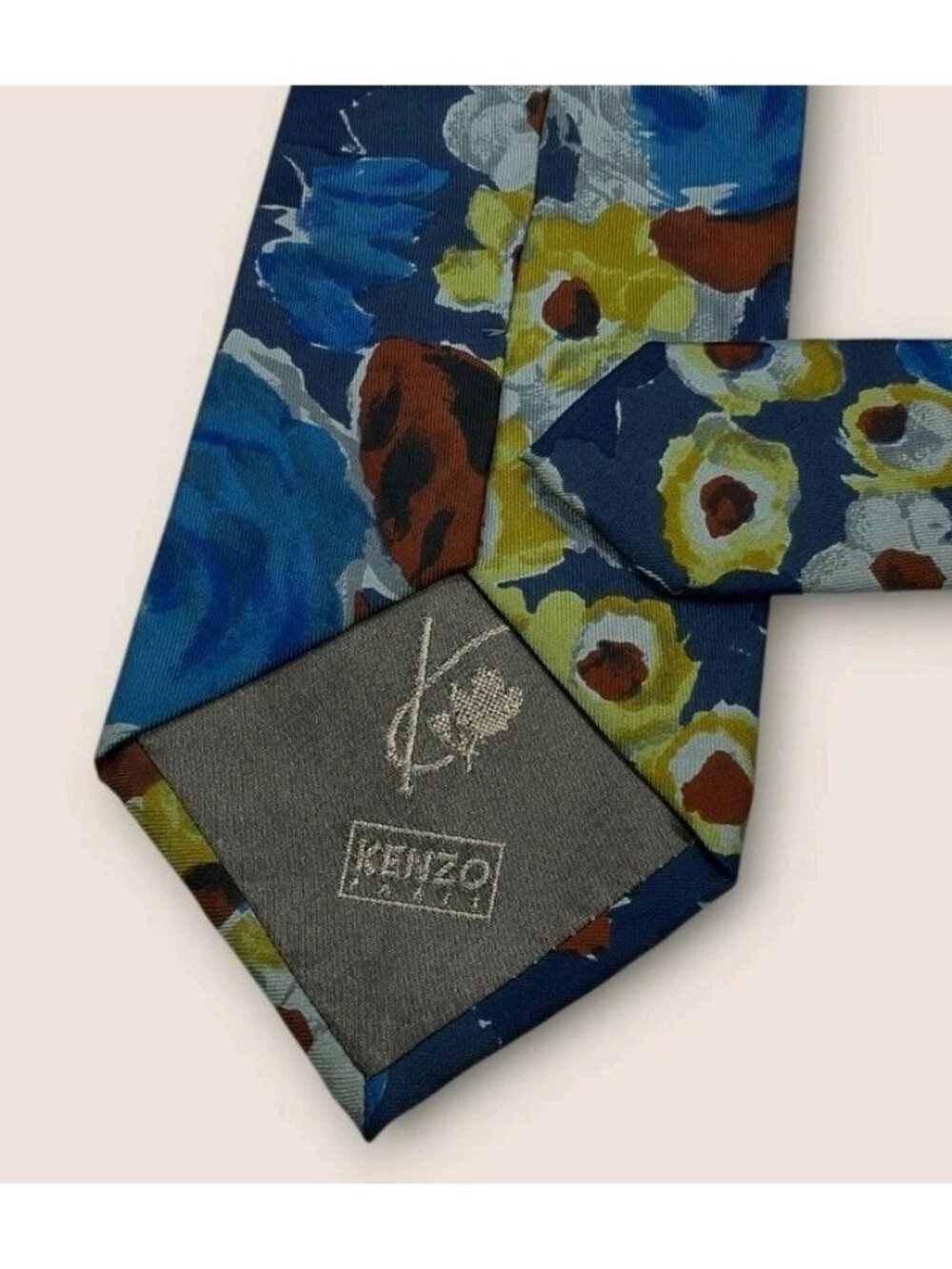 KENZO Silk Tie ITALY Blue Brown Yellow Floral W:3.7" EUC - Picture 4 of 5